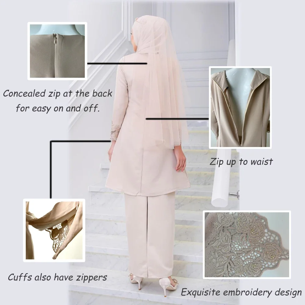 Malaysia Ladies Two Piece Suit Premium Embroidery Skirt Comfortable and Convenient Muslim Set Cuff Zipper Design Ladies Party