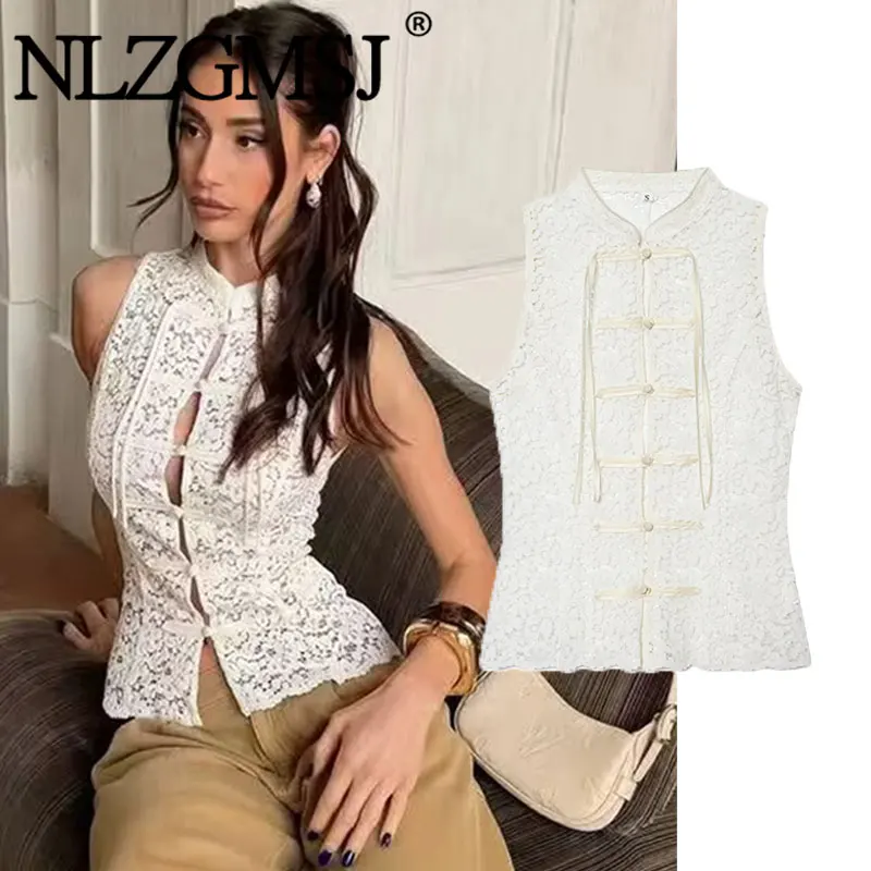 Nlzgmsj 2026 Sommer Vintage Elegantes Neues Chinesisches Spitzen-Tanktop mit Froschverschluss und Stehkragen, schmal geschnittene ärmellose Bluse