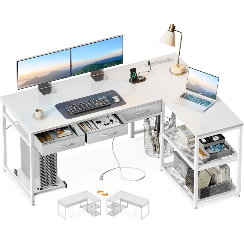 

53 Inch L Shaped Computer Desk with Drawers,Corner Desk with Power Outlets Reversible Storage Shelves,Movable CPU Stand White