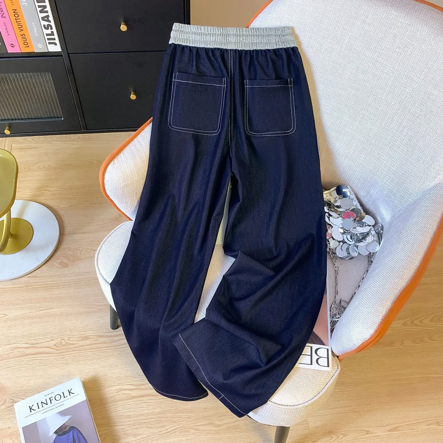 ارتفاع الخصر بنطال ذو قصة أرجل واسعة المرأة 2025 صيف جديد الحرير الجليد جينز ناعم غير رسمي السراويل فضفاضة #4