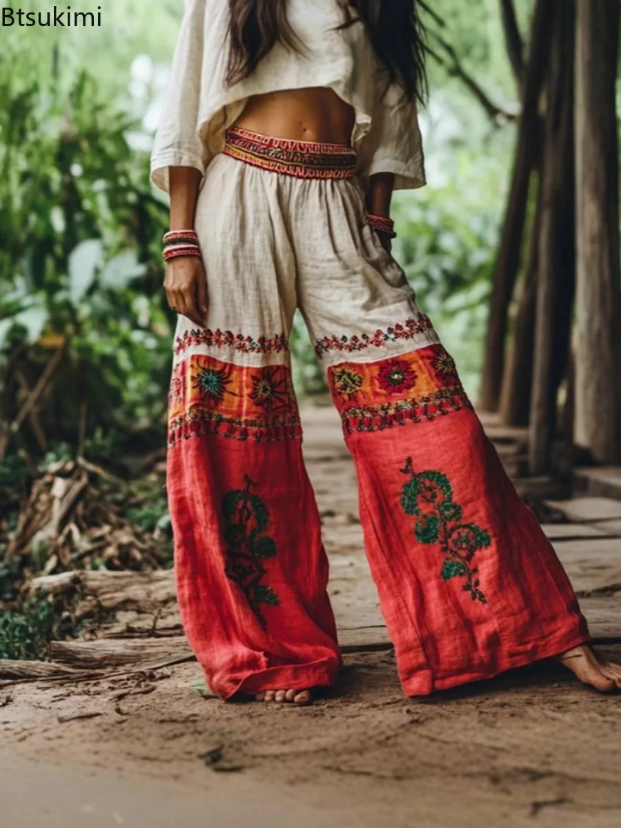 

Новые женские винтажные брюки с принтом, широкие, свободные, длинные, летние, повседневные, в уличном стиле, с высокой талией, мягкие, для путешествий, на каждый день, 2026