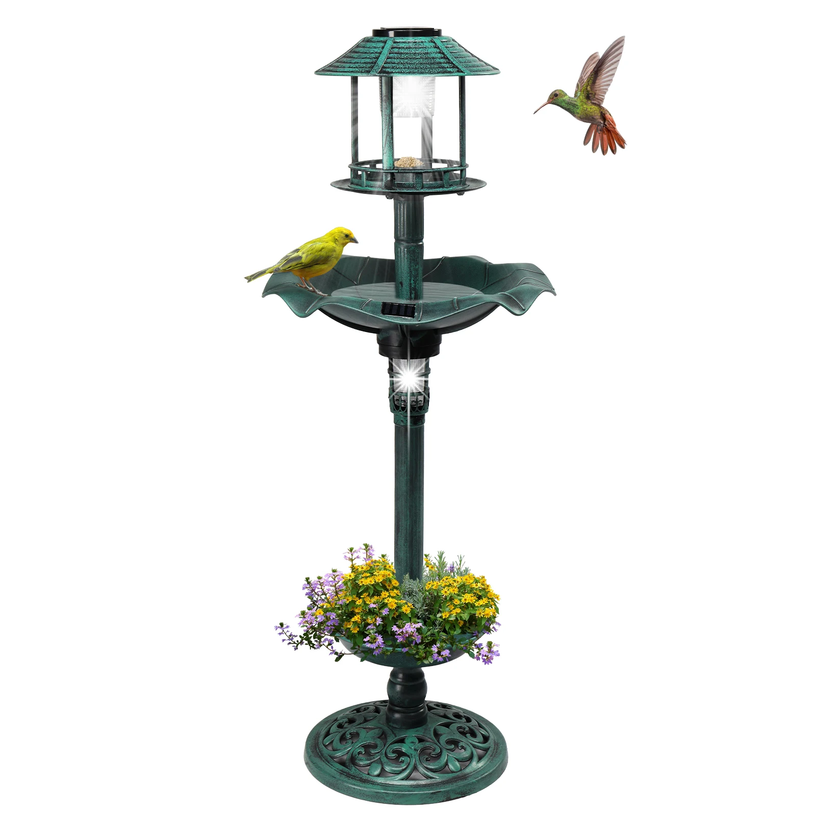 

Outdoor Solar Lighted Pedestal Bird Bath Resin Fountain Decoration with Planter and Feeder,