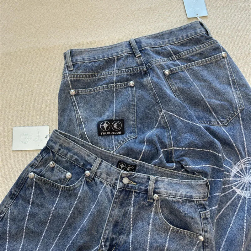 Pantalones vaqueros informales de pernera ancha y holgados con bordado de Thug Club, productos de lujo, 2024