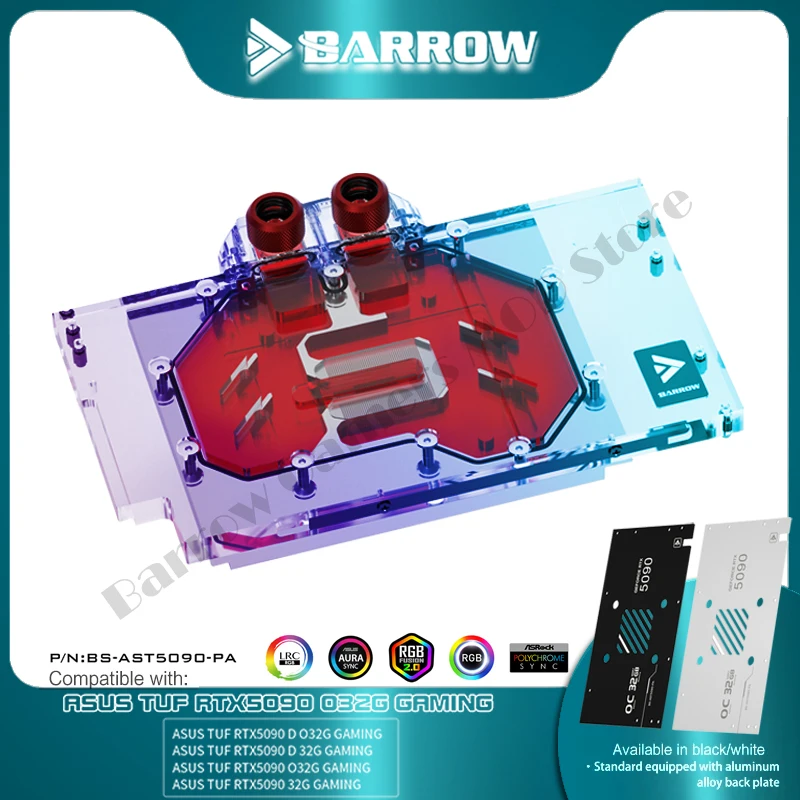 Barrow GPU Water Block for ASUS TUF 5090D Watercooler, 5V ARGB SYNC, Black/White  BS-AST5090-PA