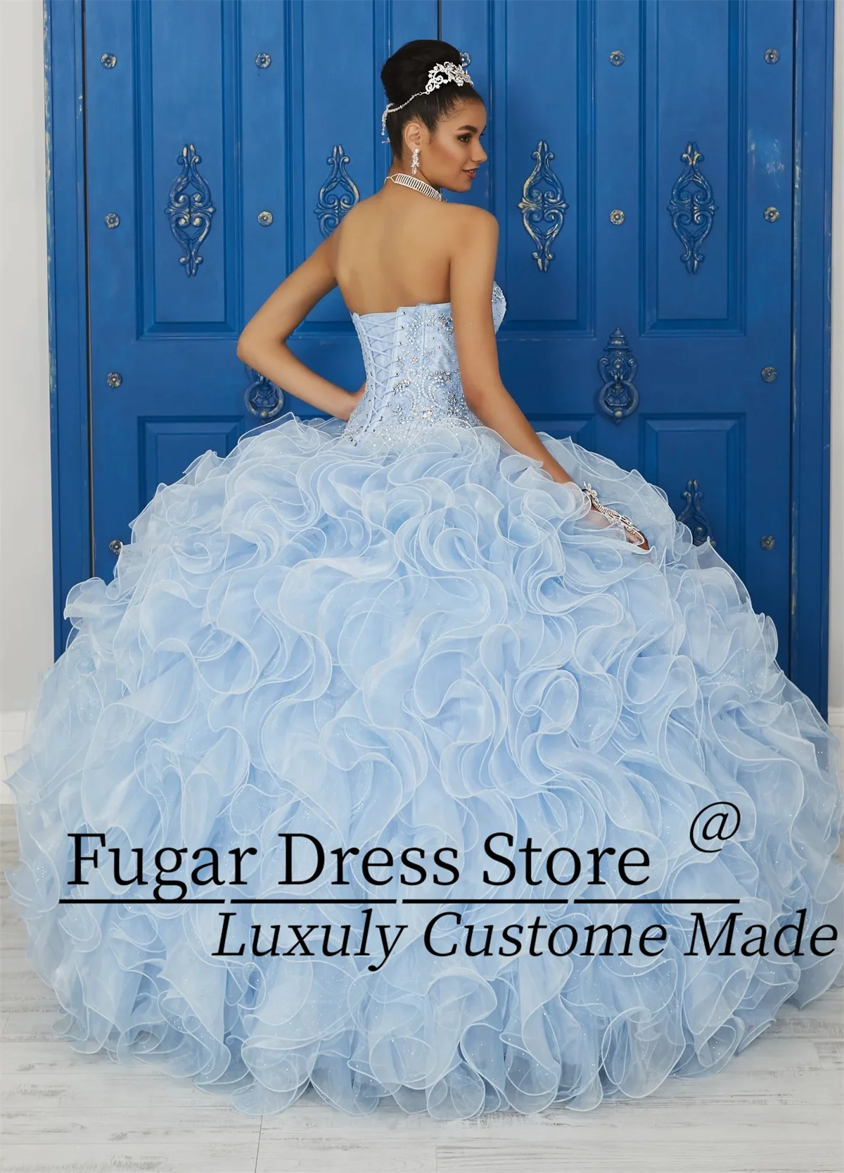 Baby Blue Princess Quinceanera Dresses Sweetheart corset Transparent stiff gauze and shiny chiffon ruffles vestidos para niñas