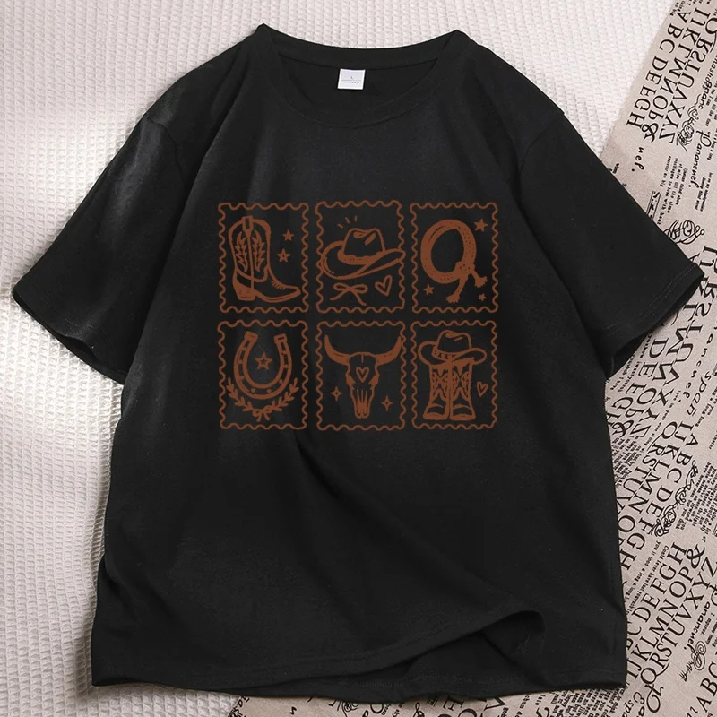 Minimalist Western Stamp Graphic T Shirts Cowgirl T-Shirt Design Cotton Short Sleeve Western T Shirt Cowboy Round Neck Tees