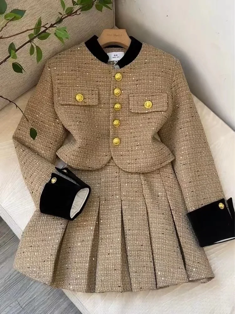 

Women Tweed Fragrant Vintage Y2K Suit Jacket Coat And Skirt Two Piece Set Female Party Jacquard Clothes Japanese 2023 Outfits