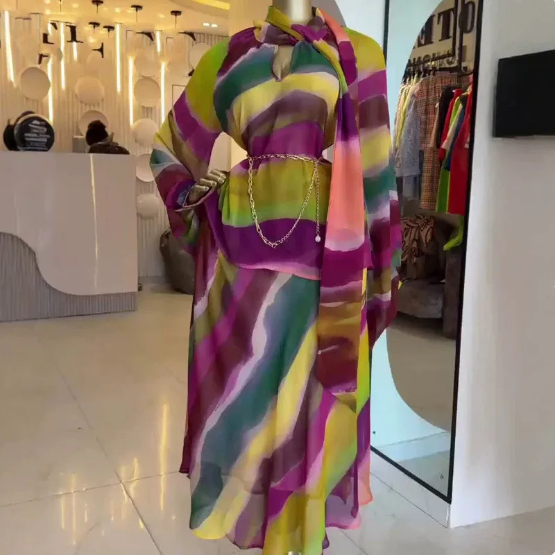 2026 New African Fashion Women Two Piece Dress Set colorfull printed Full Sleevle Lace Up Loose Blouse Top And Long Skirts Set