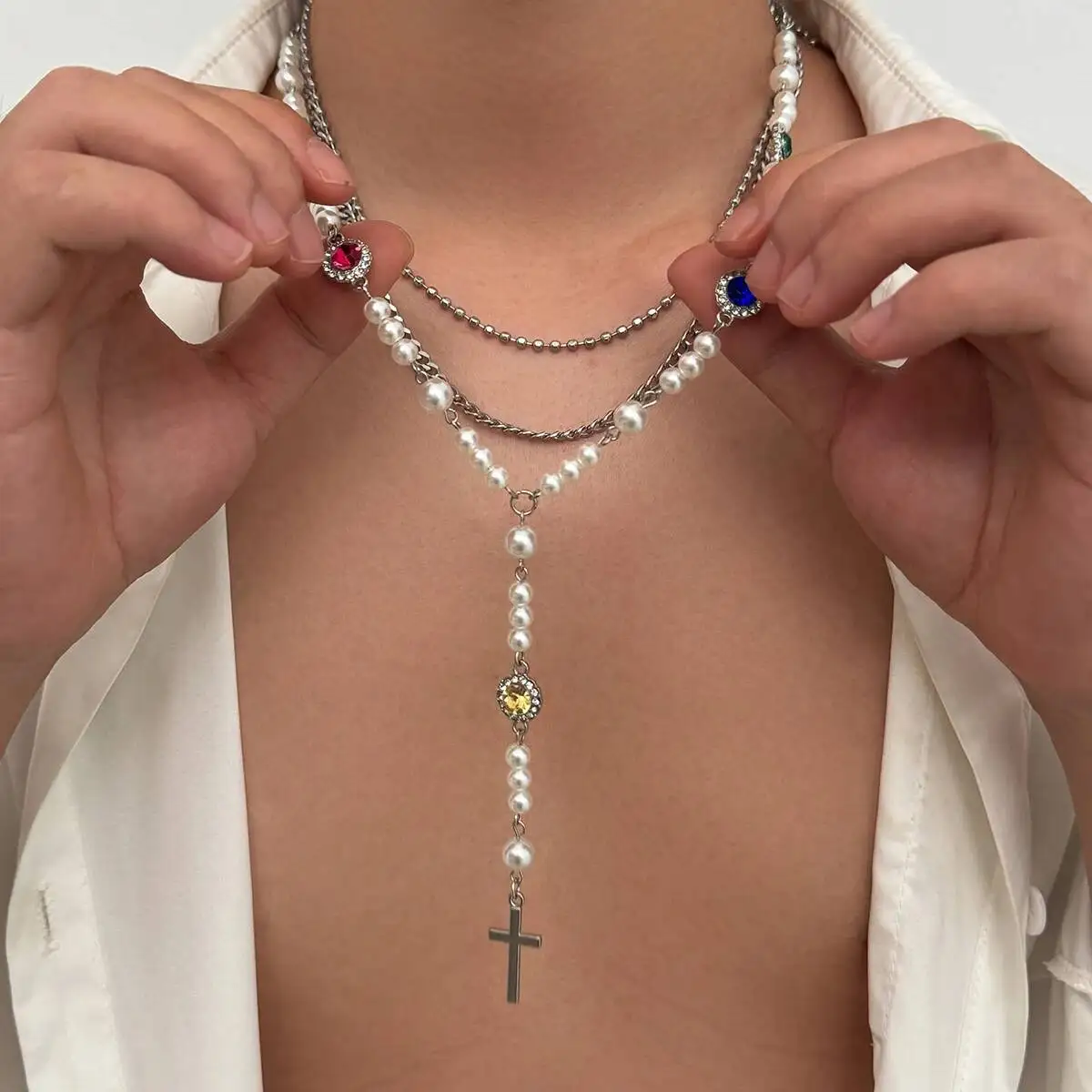 

SHIXIN 3 Pcs Hip Hop Stainless Steel Chain Cross Pendant Necklace for Men Goth Imitation Pearl Choker 2025 Trendy Male Jewelry