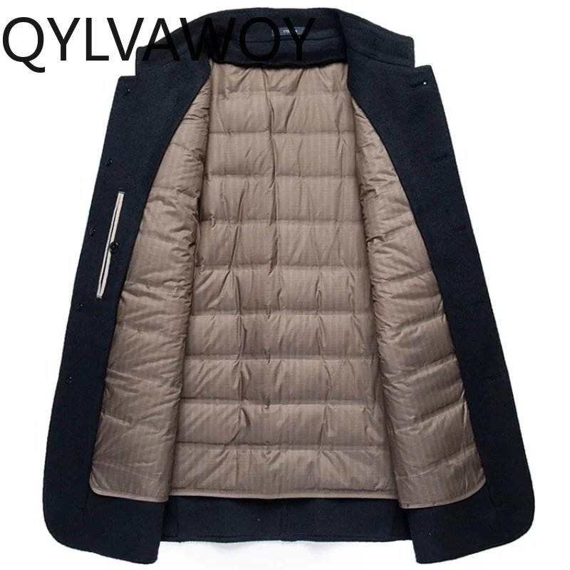 QYLVAWOY 70% Wool Coat Men 2026 Autumn Winter Stand Collar White Goose Down Liner Jacket Casual Business Woolen Coats Jackets