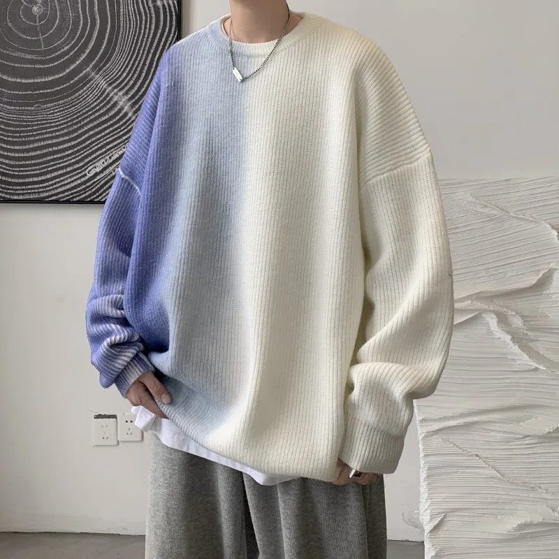2026 New Gradient Color Men's Autumn Winter Knitted Round Neck Long Sleeved Pullover Korean Fashion Casual Loose Sweatshirt