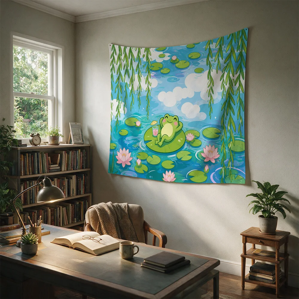Vibrant Tropical Pond Scene Tapestry Green Frog Lily Pads Blue Sky Nursery Wall Decor Bohemian Boho Art