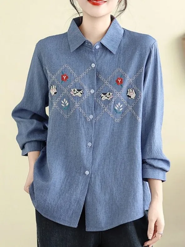 

Artistic Cartoon Embroidered Loose Long Sve Denim irt Casual Spring Open Cardigan for plus Size Women Single Button