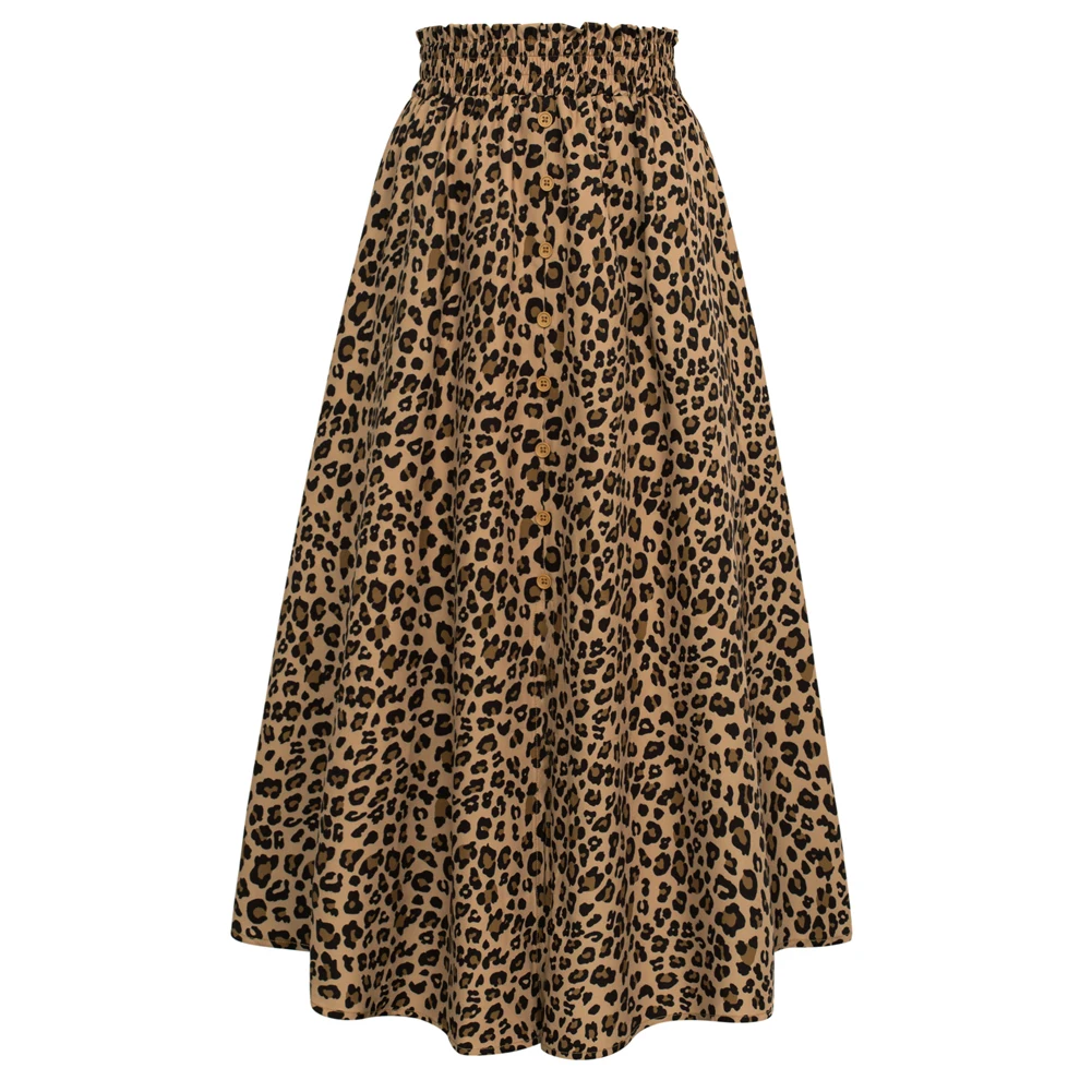 

KK Women Skirt Front Slit Summer Causal Retro Leopard Printed Solid Fashion High-Waist Irregular Hem Below Mid-Calf A-Line Skirt