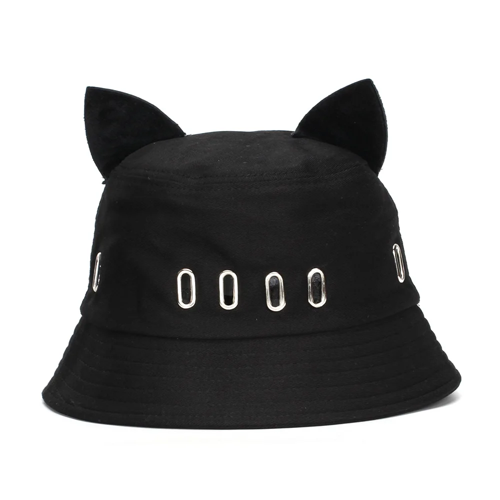 New Cute Cat Ears Fisherman Hat Women Casual Metal Ring Sun Cap Unisex Black Punk Bucket Hat Bob Outdoor Street Hip Hop Bonnets