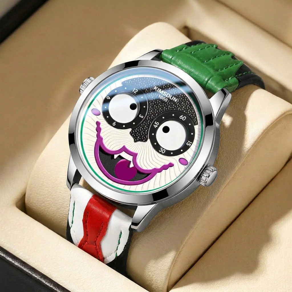 1 Stück Herren-Quarzuhr mit mehrfarbigem Zifferblatt, Lederarmband, Vintage-Mode, Cartoon-Tiergesicht, verspielte Details, für Geschäftsfeiern