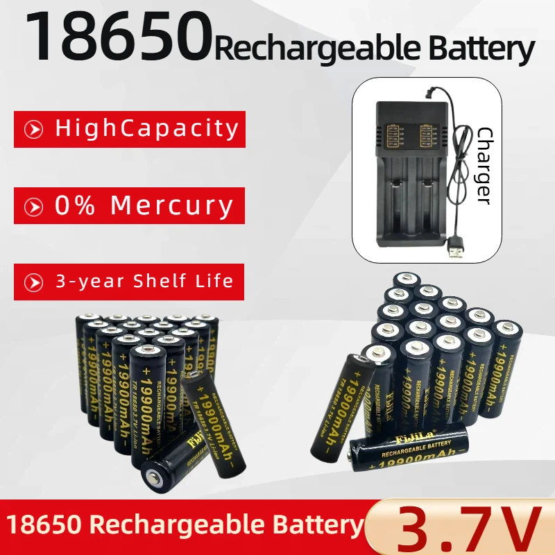 

2025 18650 Lithium Battery 100% New Flashlight 18650 Rechargeable Battery 3.7V 19900mAh Used for Flashlight+201 Charger