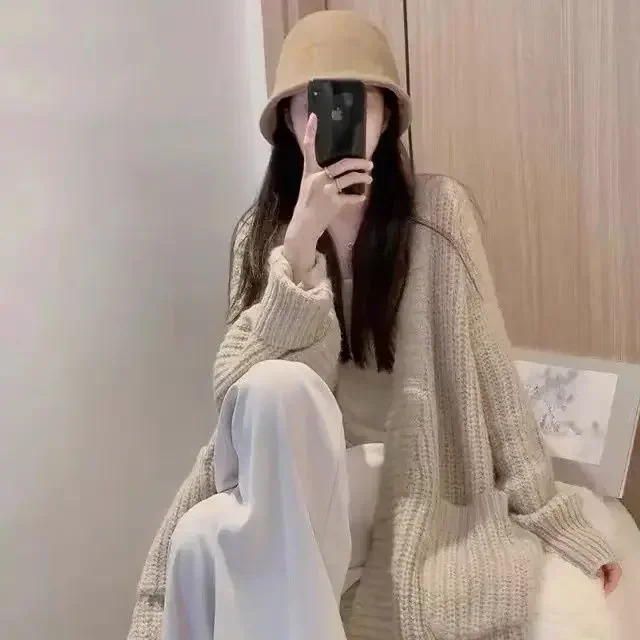 2024 autumn/winter women's lazy style mid length over knee sweater, loose and versatile long sleeved knitted cardigan