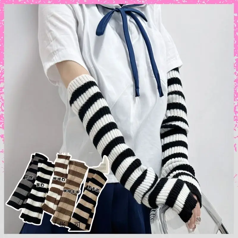 Y2K Fashion Women Girls Striped Elbow Gloves Solid Goth Punk Knitted Arm Warmers Long Half Finger Arm Sleeves Elastic Gloves