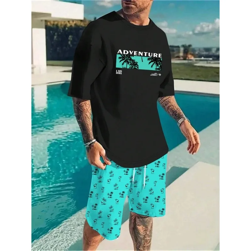 2025 Fashion Summer 3D Hawaiian Coconut Printed Men's Set Street T-shirt Shorts Two Piece Set Short Sleeve Breathable Sportswear