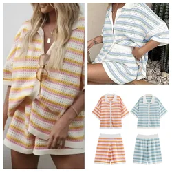 European and American style new striped knitted short-sleeved cardigan high waist casual shorts suit women's fashion color match