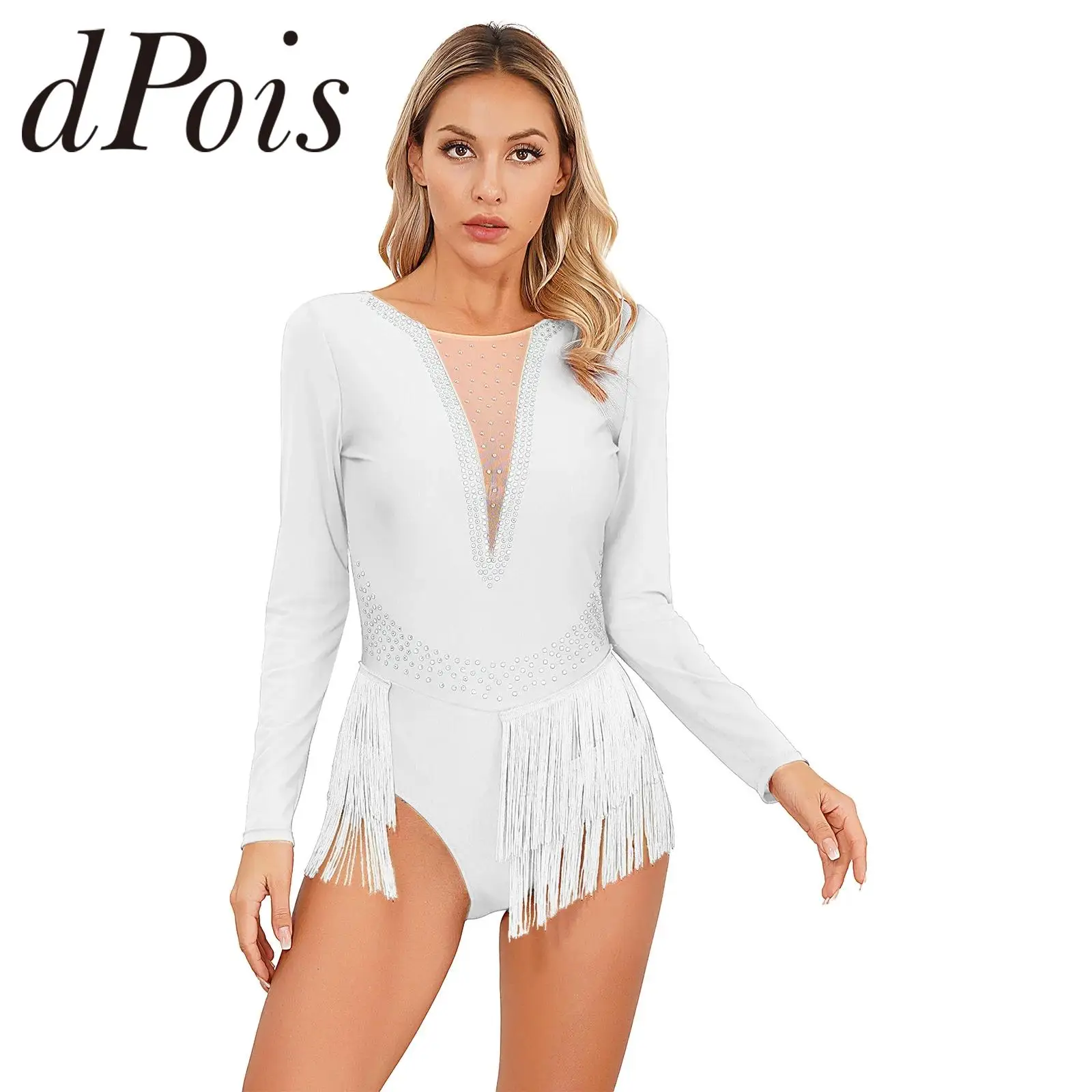 

Womens Fringed Latin Dance Leotard Dress Glittery Rhinestones Sheer Mesh Long Sleeve Tassel Bodysuit Femme Figure Skating Dress