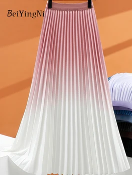 Beiyingni 2024 Gradient Color Pleated Midi Skirt Women Korean Fashion Elegant Pink Casual Skirts Chic Luxury French Retro Faldas