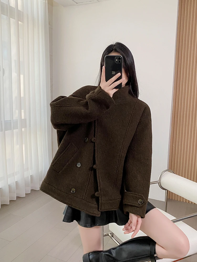 

Женское шерстяное пальто YAHI в стиле ретро, коричневое, средней длины, повседневное, свободного кроя, с эффектом стройности, утепленное, с длинными рукавами и воротником-стойкой