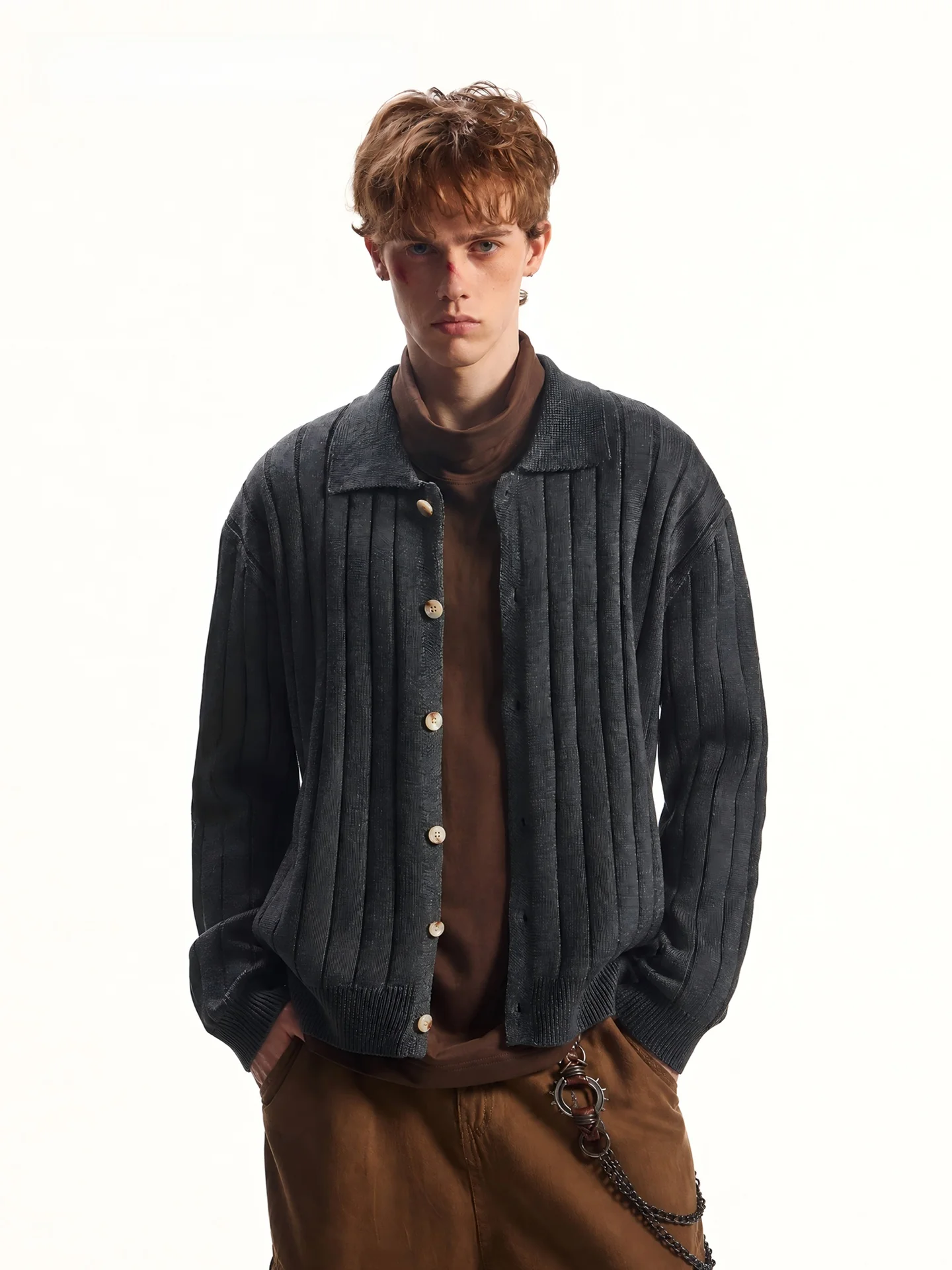 SDMADE American Retro Pure Color Collar Open Cardigan Sweater Men's Casual Knitted Shirt Fall Season Old Money Style Elastic ...