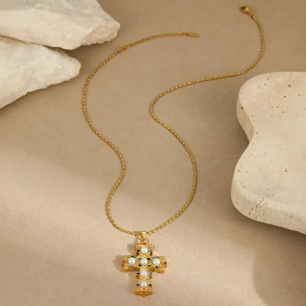 

Exquisite Cross Pendant Necklace Geometry Colored Zircon Pearl Necklace Stainless Steel Exaggerated Vintage Jewelry Necklace