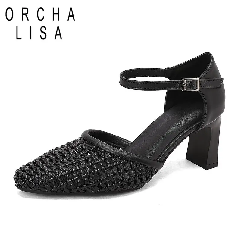 

ORCHA LISA 2025 Модные женские сандалии с круглым носком на высоком каблуке 7 см с пряжкой и ремешком, большой размер 43 44 45 Sweet Dating Женская обувь белого цвета