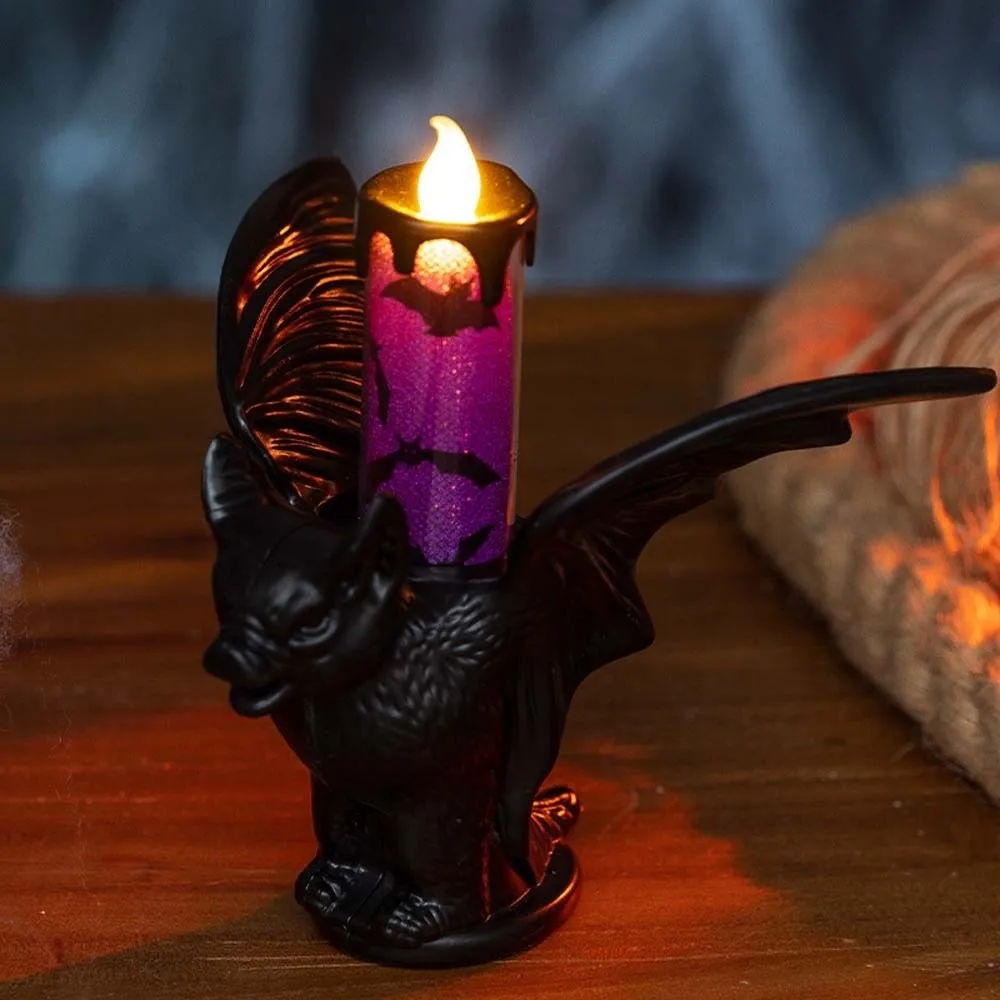 Cell Battery Operated Bat Candle Light Warm Flicker Printed Pattern LED Candlestick Plastic Base with Holder Gothic Lamp