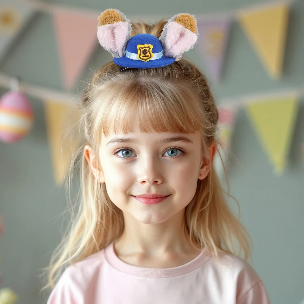 Adorable Police Hat Hair Clip Plush Rabbit Ear Hairpin Cute Cartoon Cosplay Hair Accessories Headwear Party Gift For Women Girls