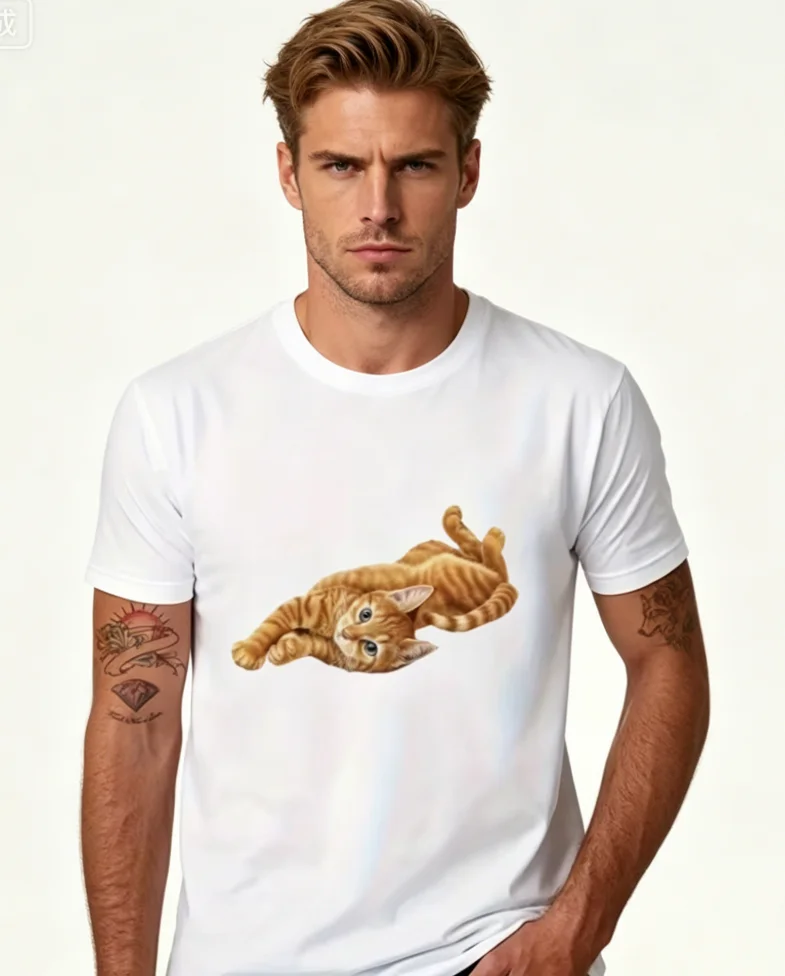 Men's Vintage Cat T-Shirt Fit Soft Tee with Kitten Short Sleeve Round Neck Shirt Cat Lovers Retro Cat Design (Black with Ginger