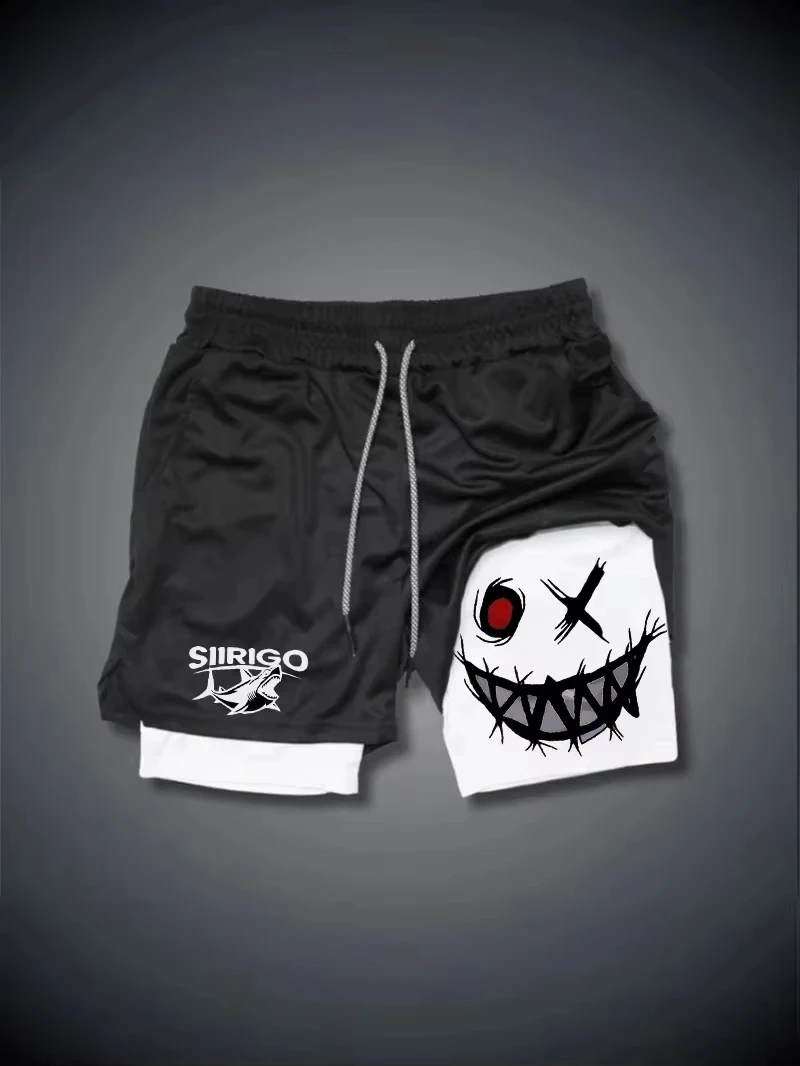Men's Smiling Face Printed Fitness Shorts Double-Layer 2-in-1 Quick Drying Fitness Outdoor Leisure Training Sports Shorts JW116