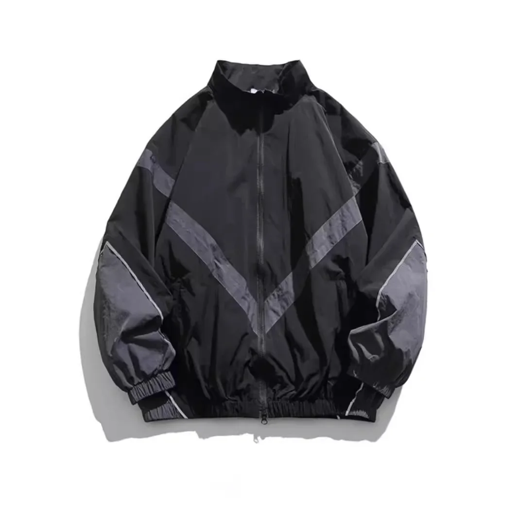 

Trendy American Style Zippered Hooded Jacket Men's Loose Fit Casual Autumn Fashion Thin Jacket Reflective Patchwork Stand Collar