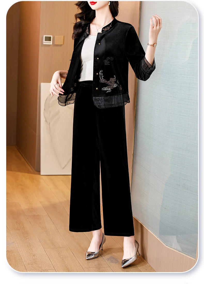 AIMEILI Women Autumn & Winter Elegant Embroidery Velvet Pant Suit Set Female Office Two Piece Set Mesh Designer Two-piece Suits