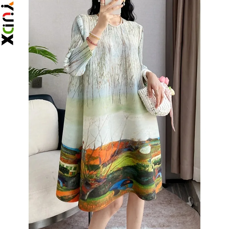 

YUDX Miyake Pleated Print Dress Fashion Round Collar A Line Loose Vintage Style Medium Long Niche Design New Autumn 2024