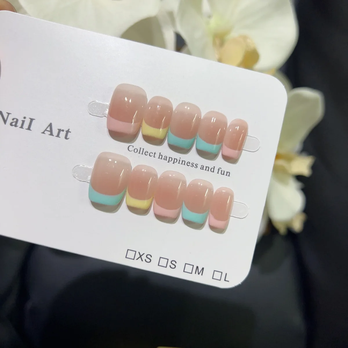 10 قطعة اليدوية قصيرة عارية اللون اضغط على الأظافر النمط الفرنسي حافة ملونة تصميم الحلو لطيف الأظافر وهمية يمكن ارتداؤها أظافر صناعية نصائح #3