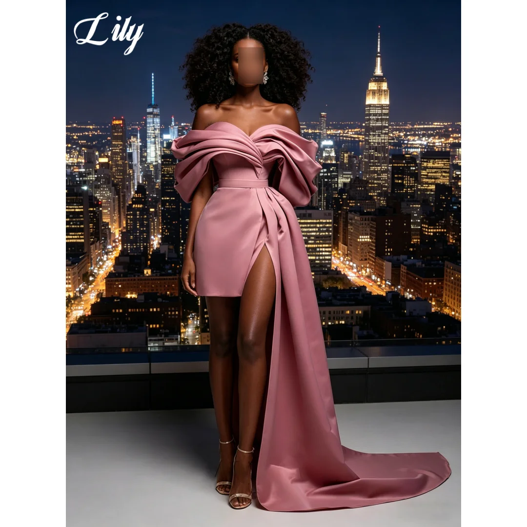 

Lily Elegant Pink Prom Dress Off The Shoulder Statement Ruffle Neck Short Satin Evening Gown with Draped Side Panel Customized