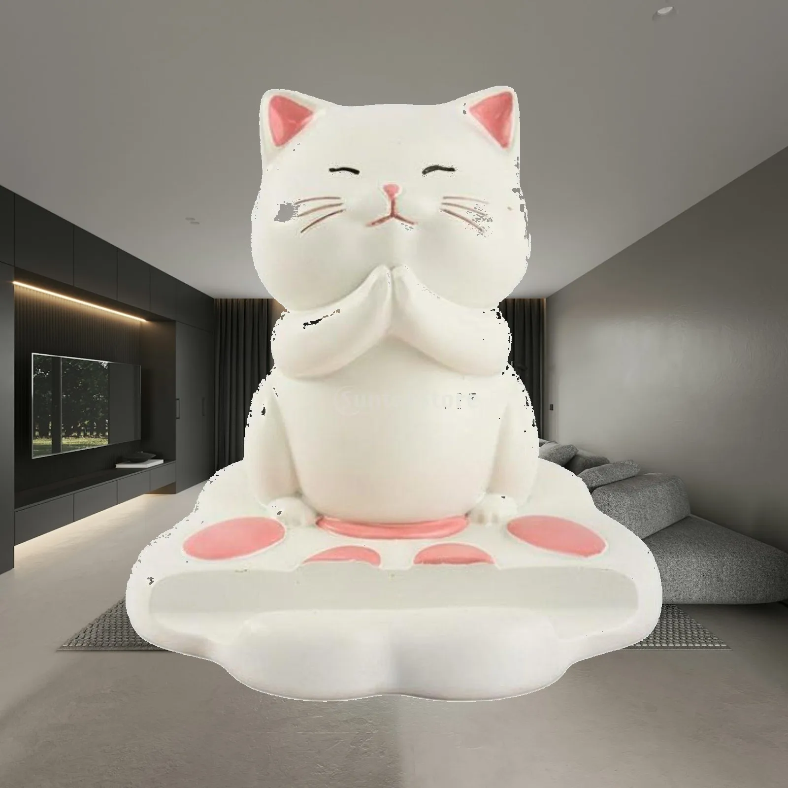 Cute Praying Cat Resin Figurine Artistic Phone Holder Desktop Mobile Accessory for Home Office Decor