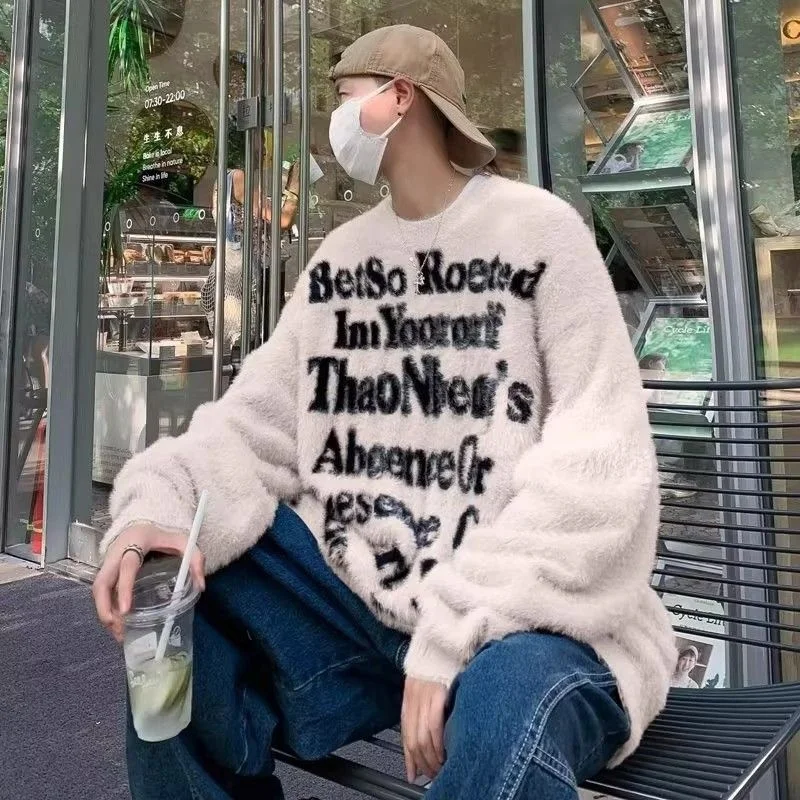 

American Sle Couple Knitted Sweater Autumn Winter Loose round Ne Faux Fur Soft Polyester Casual ex Long Sve T-irt