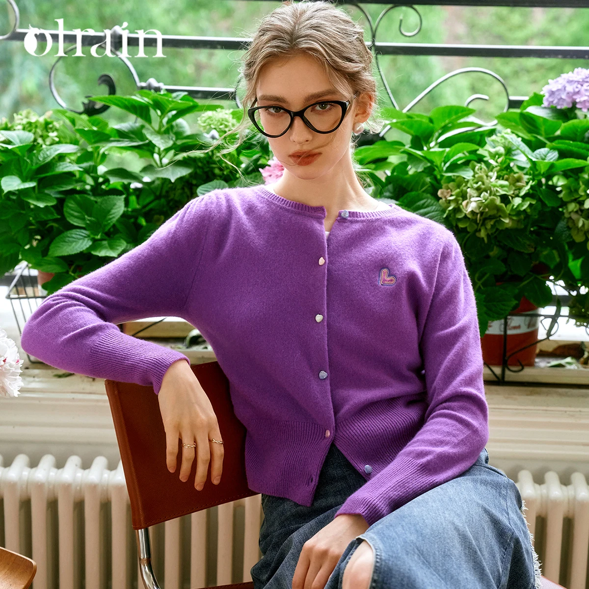 OLrain женский кардиган с длинными рукавами, осень 2021, модный фиолетовый вязаный свитер с круглым вырезом, тонкий повседневный топ с вышивкой, O24QZ83663