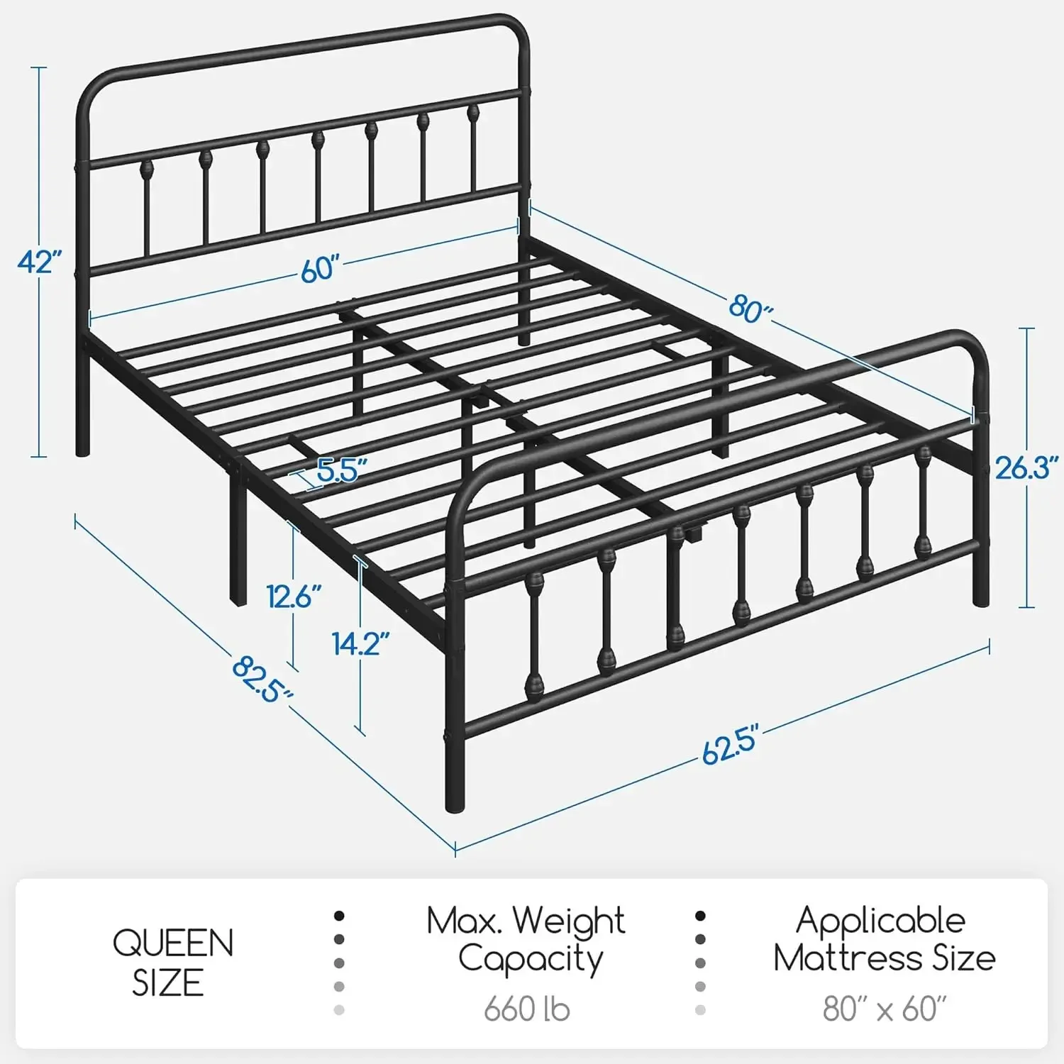 Classic Metal Platform Bed Frame Mattress Foundation with Victorian Style Iron-Art Headboard//Under Bed