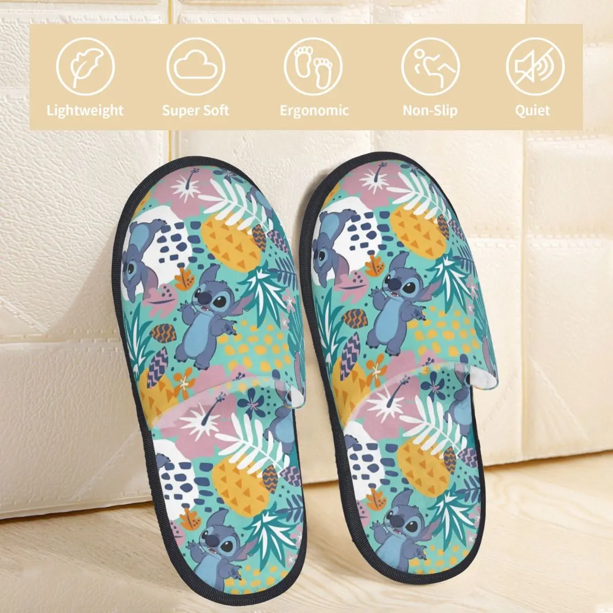 Stitch Green Leaves House Slippers Non-skid Anime Soft Household Fur Slippers Slides Bedroom