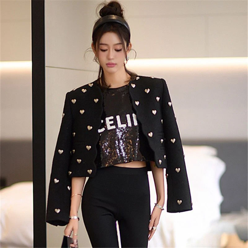 Black Love Tweed Jacket Women Bead 3D Fashion Chic Long Sleeved Wool Fall Winter Outwear Vintage Korean Elegant Cardigan Suit