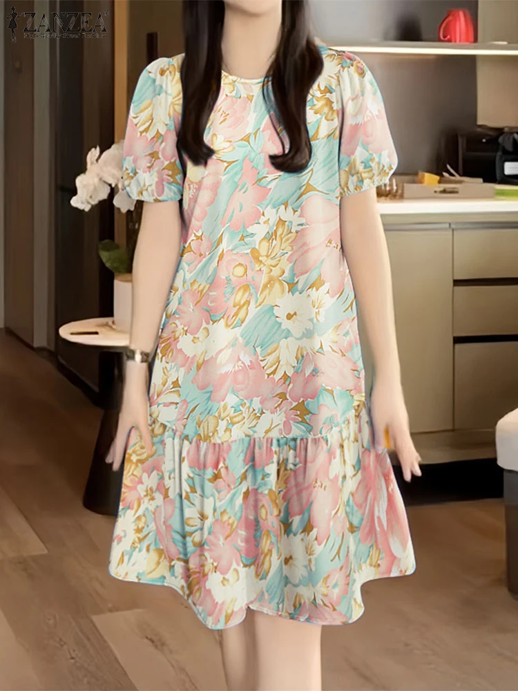 2023 ZANZEA Sommer Floral Bedruckte Kleid Frauen Elegante Party Arbeit Sommerkleid Beiläufige Kurze Puff Sleeve Robe Böhmischen Urlaub Vestido