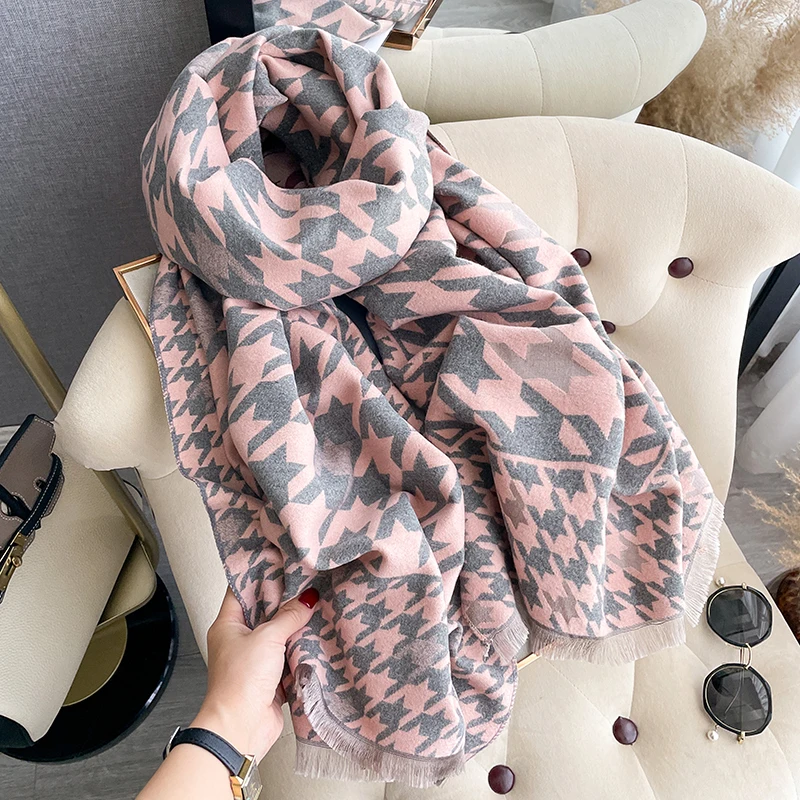 New Houndstooth Design Winter Warm Cashmere Jacquard Scarves High Quality Women Thicken Wrap Shawl Ladies Wool Pashmina Scarf