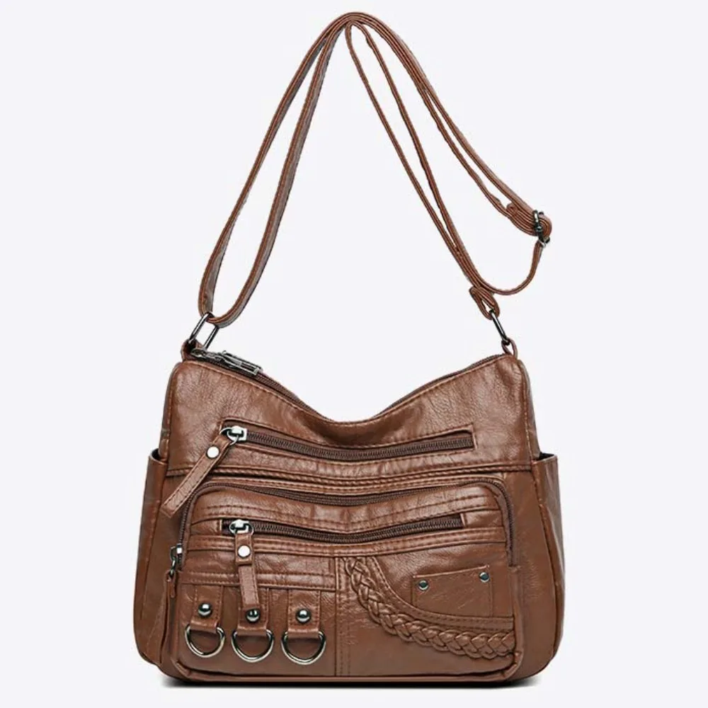 Elegant Middle Aged Mom Bag Korean Style Wide Strap Large Capacity Shoulder Bag Multi Pocket Brown Casual Mom Pouch Work