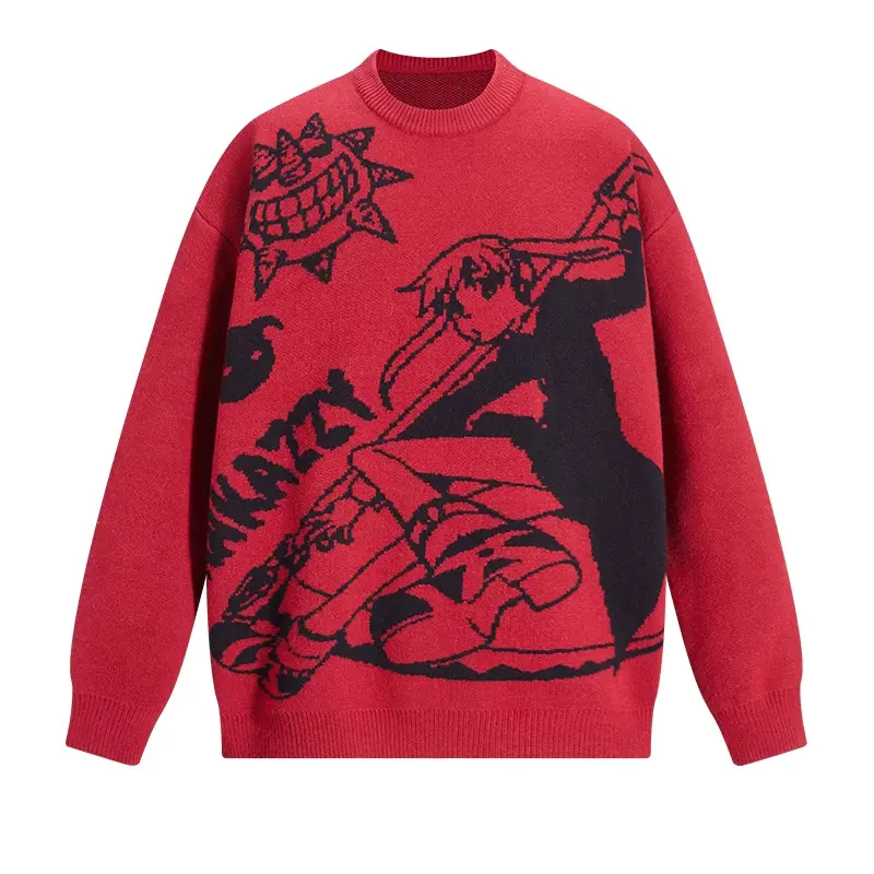 2024 Autumn Winter Y2k Women Jumper Sweater Harajuku Cartoon Knitted Red Sweater Men Loose Oversized Rock Hip Hop Rap Pullover